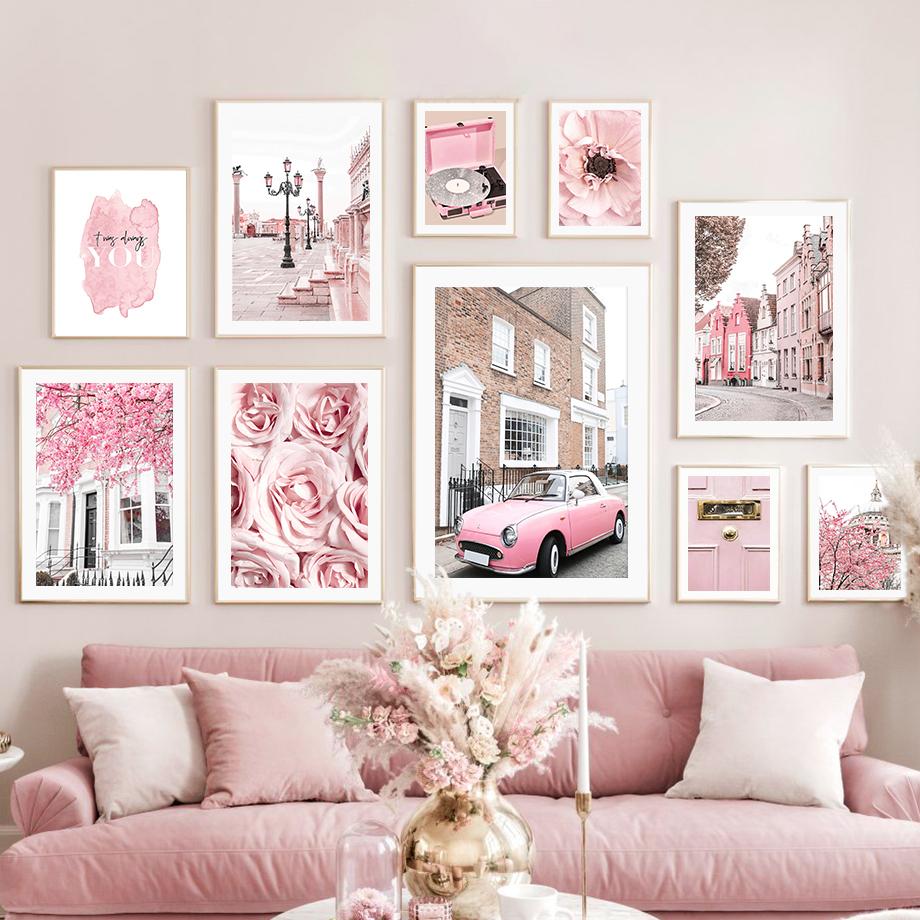 Pink Paris Building Car Cherry Blossom Rose Wall Art Canvas Painting Nordic Landscape Posters Prints Pictures Living Room Decor