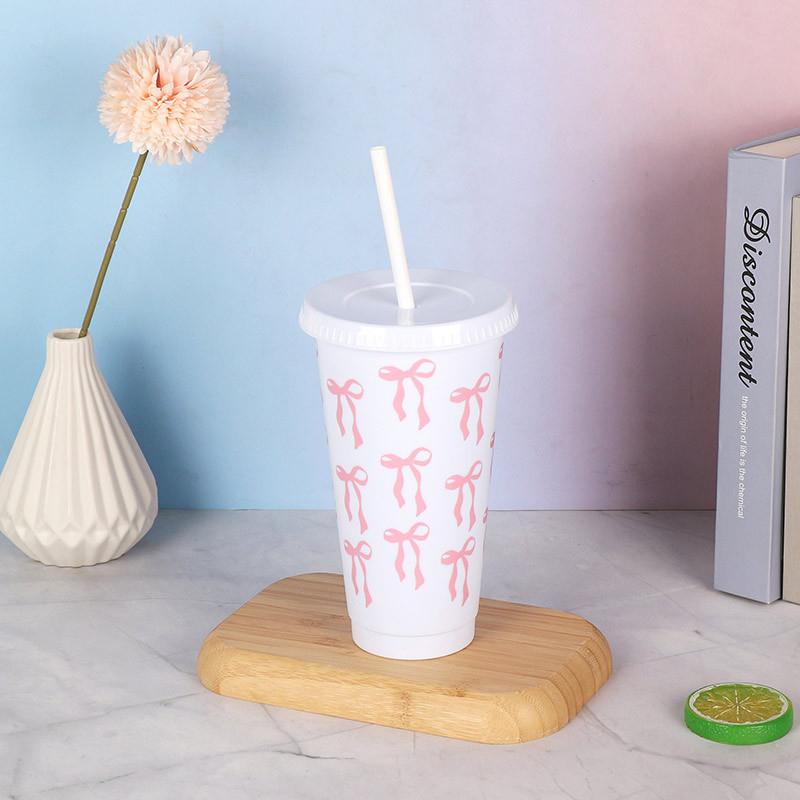 1 Piece Large Capacity Water Bottle Kawaii Bow Water Cup With Lid Straw For Girls Coffee Milk Tea Plastic Cold Drink Cup