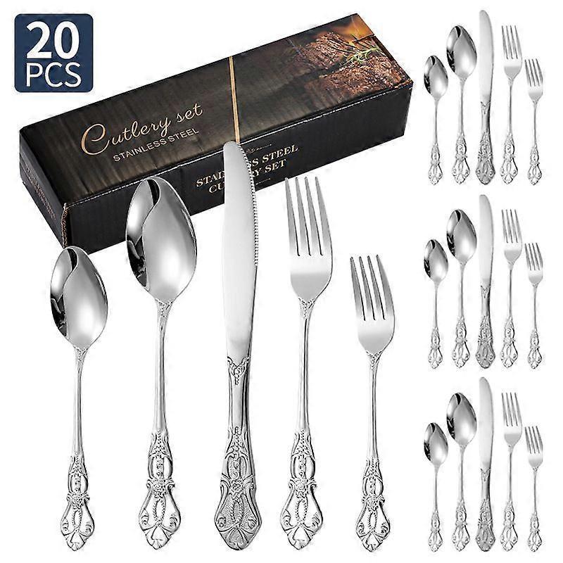 Royal Court 20-piece set ~ Silver Royal Court stainless steel cutlery knife, fork and spoon 20/24/30-piece set retro embossed Western steak knife and