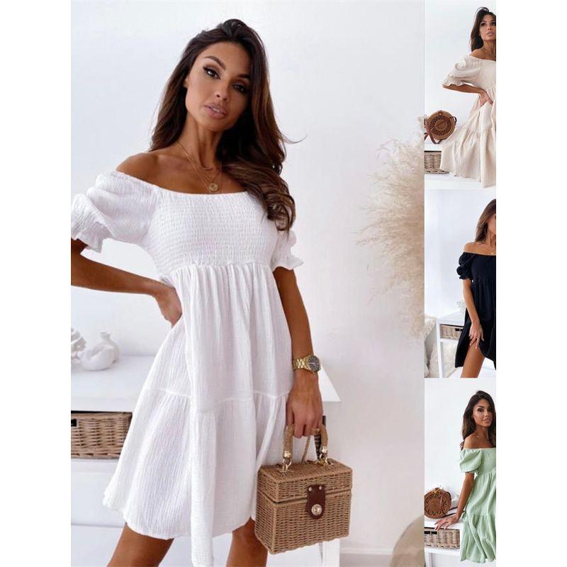 Short White Sweet off-Shoulder Collar Elastic and Waisted Ruched A- line Short Sleeve Dress Girl's Dress Dress