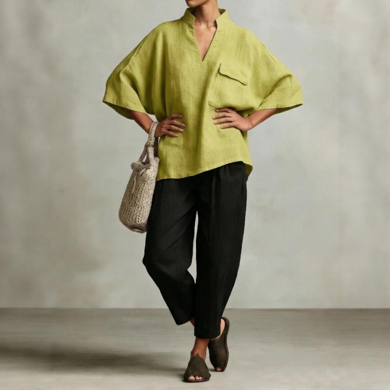 Women Loose V Neck Short Sleeve Cotton Linen Summer Shirt