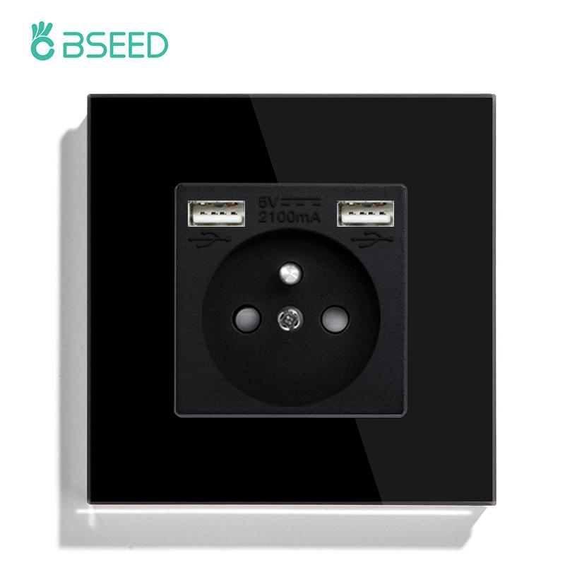 BSEED Single French Wall Socket Double Power Sockets Triple Electric Sockets With Type-c Double USB Charing Ports  Glass Frame