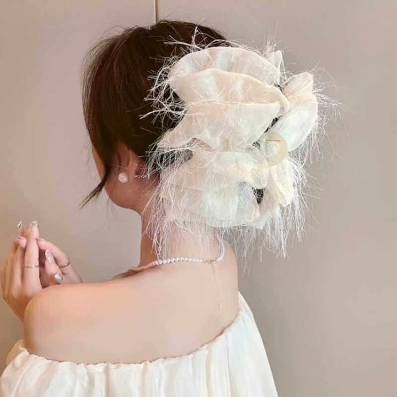 Elegant Mesh Flower Hair Clip in Black for Women Shark Claw for Ponytail Perfect for Celebrations and Days
