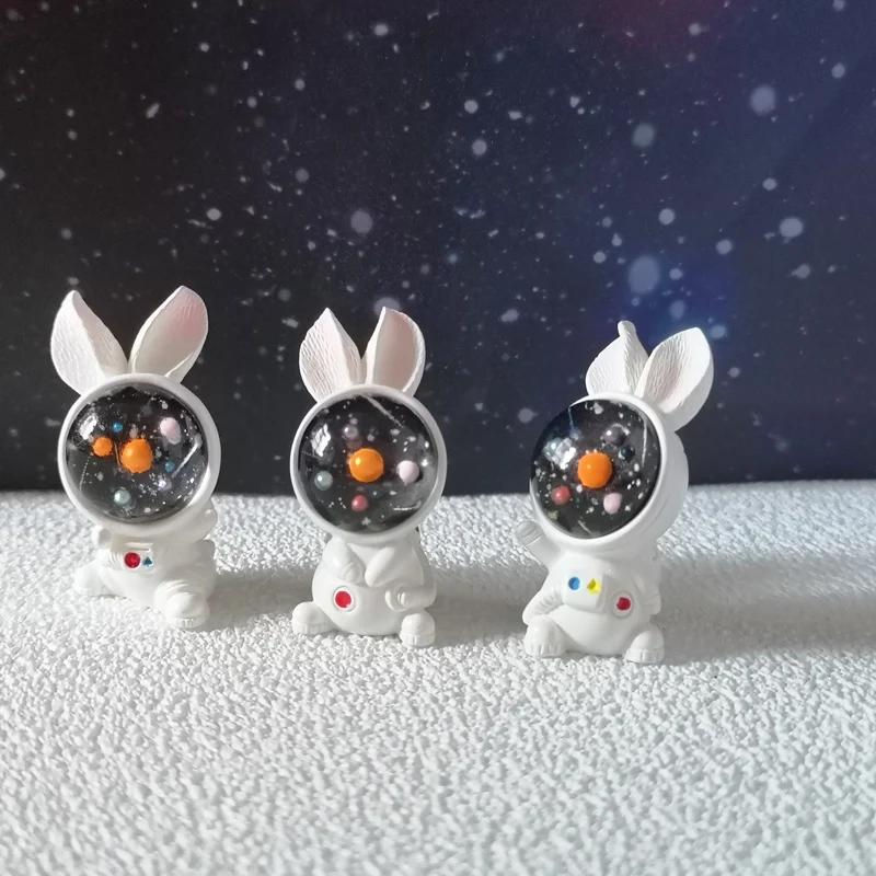 3pcs Planet Astronaut Bunny Rabbit Resin Mini Figures Cute Cartoon Ornament Miniature Craft DIY Accessories Home Desk Decor Gift