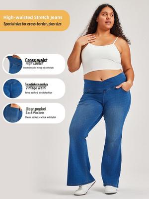 Women's Plus Size Cross-Waist Wide-Leg Jeans with Frayed Edges, Monkey Wash, Pockets, and Elastic Waist - Casual Slimming Fit