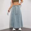 Women's Stylish Elastic-Waist Drawstring Flared Skirt, Denim Skirt, Solid-Color Non-Stretch Commuter Midi Skirt