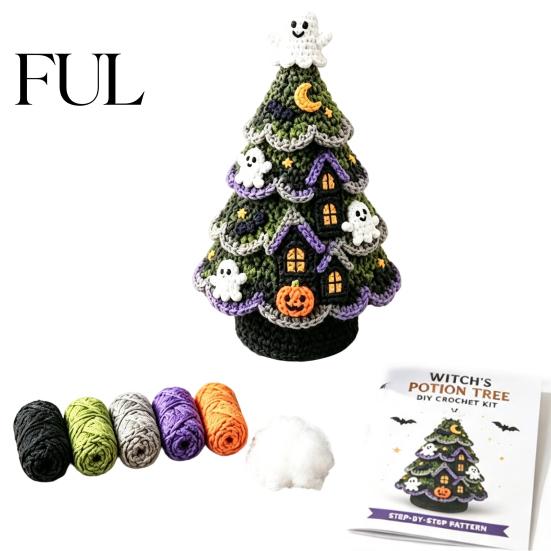 Ghost And Pumpkin Patterns Halloween Tree Crochet Kit, DIY Black Cat Witch Creative Gift for Crafters Hat Crafting Kit Holiday Home Decor, Handmade