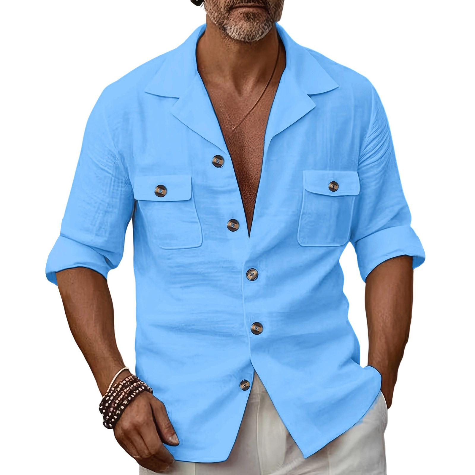 

Мужская Тренд Мода Пуговица Карман Однотонный Лен Досуг Рубашка XXL