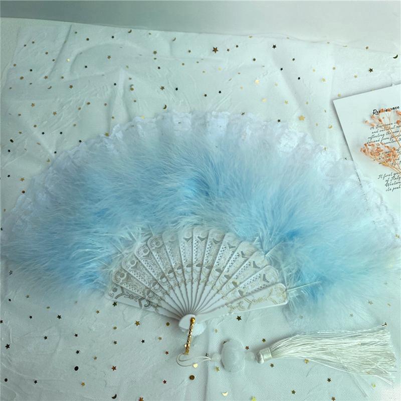 Chinese Style Feather Folding Fans Soft Fluffy Hand Held Wedding Party Gift Girls Dance Lace Fan Cosplay Stage Prop Home Decor