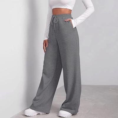 Pantalones de Pierna Ancha para Mujer Cintura Alta Elástica Cordón Ajustable Color Sólido Pantalones de Chándal Largos con Bolsillos Pantalones Casuales para Estar en Casa Uso Diario