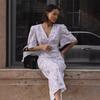 Summer New Women's V-neck Structured Shoulder High Waist Long Floral Print Short Sleeve Dress, European & American Style