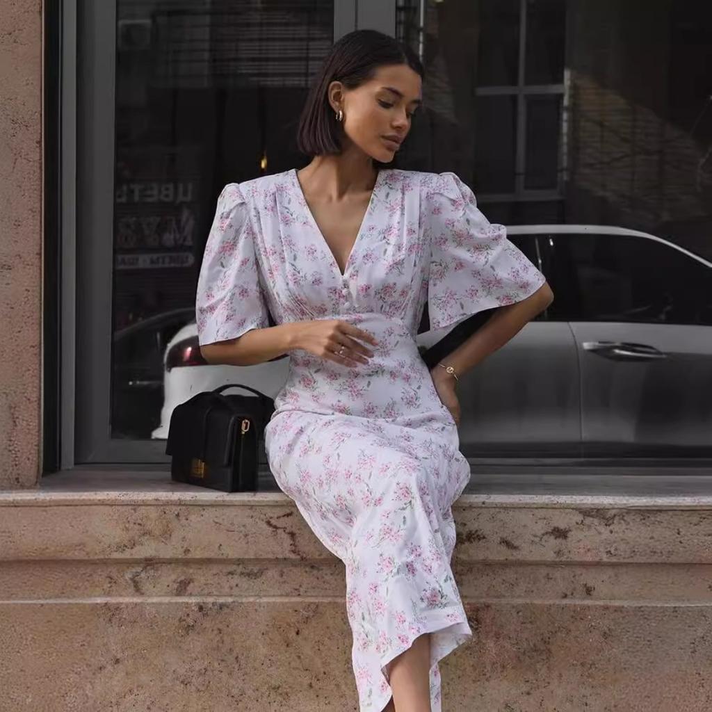 Summer New Women's V-neck Structured Shoulder High Waist Long Floral Print Short Sleeve Dress, European & American Style