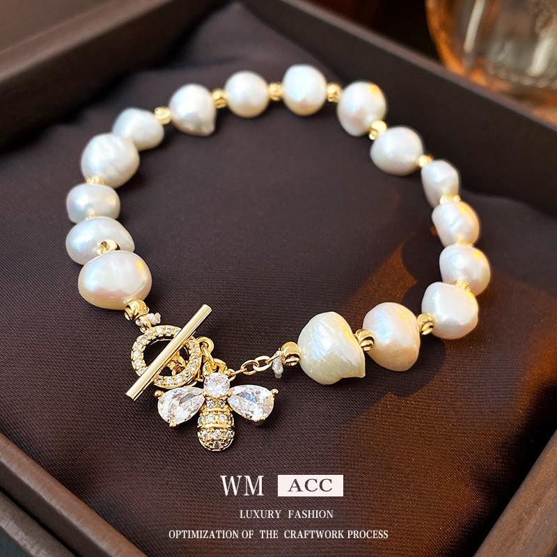 Zircon Freshwater Pearl Bee T-Clasp Bracelet Women Elegant Lightweight Luxury Style Jewelry