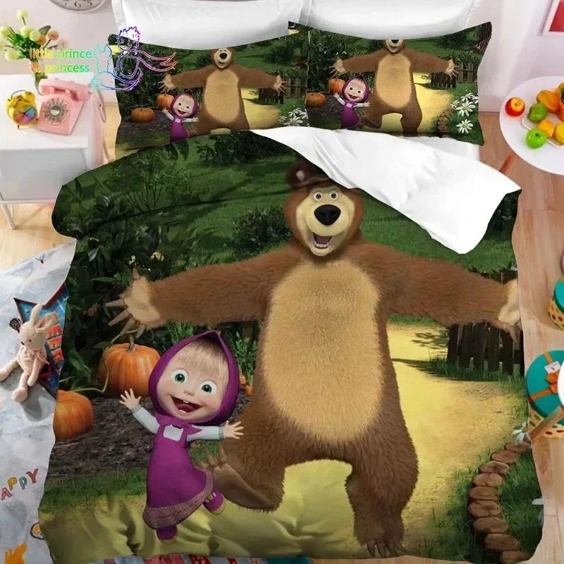 

Комплект постельного белья Kawaii Mashas and Bear Single Twin Full Queen King Size Bed Set Adult Kids Bedroom Beds Gift EU Single 135x200cm