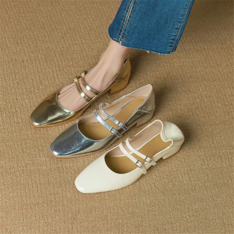 Fashion New Split Leather Mary Jane Shoes for Women LEISURE Buckle Shallow Pumps Square Toe Chunky Heel Shoes Woman Zapatos De Mujer