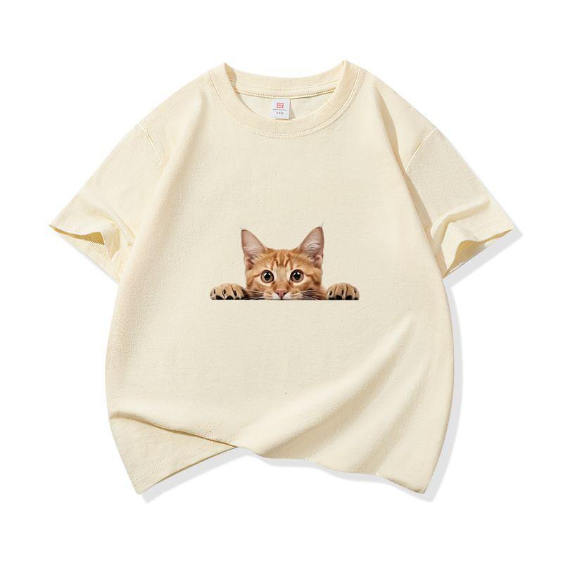Kids Cotton T Shirt Playful Peeking Orange Tabby Cat Graphic Crew Neck Short Sleeve Tee Casual Breathable Boys Girls Summer Tops