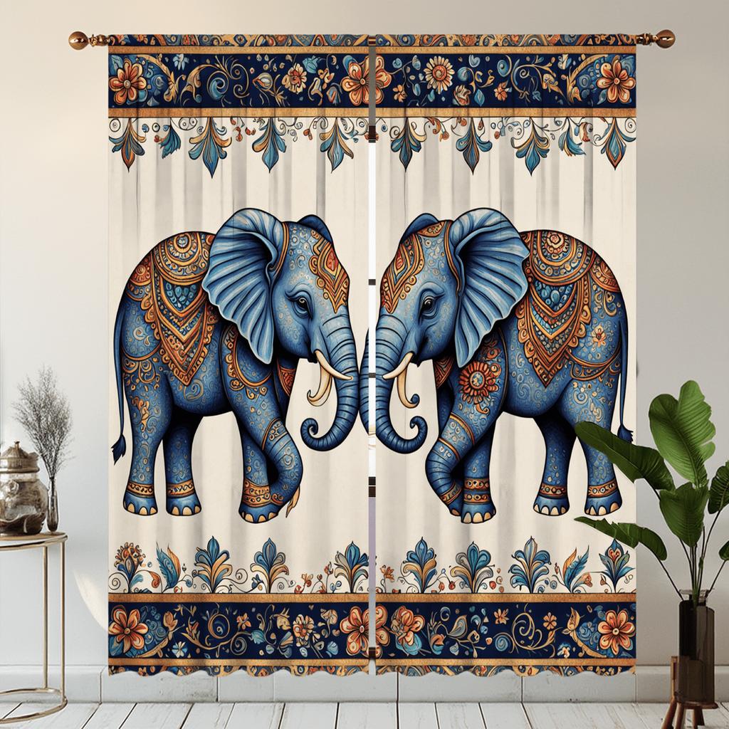Majestic Elephant Curtains Blue Floral Paisley Print Polyester Living Room Bedroom Decor Light Blocking Set Of 2 Made With Rod Pocket
