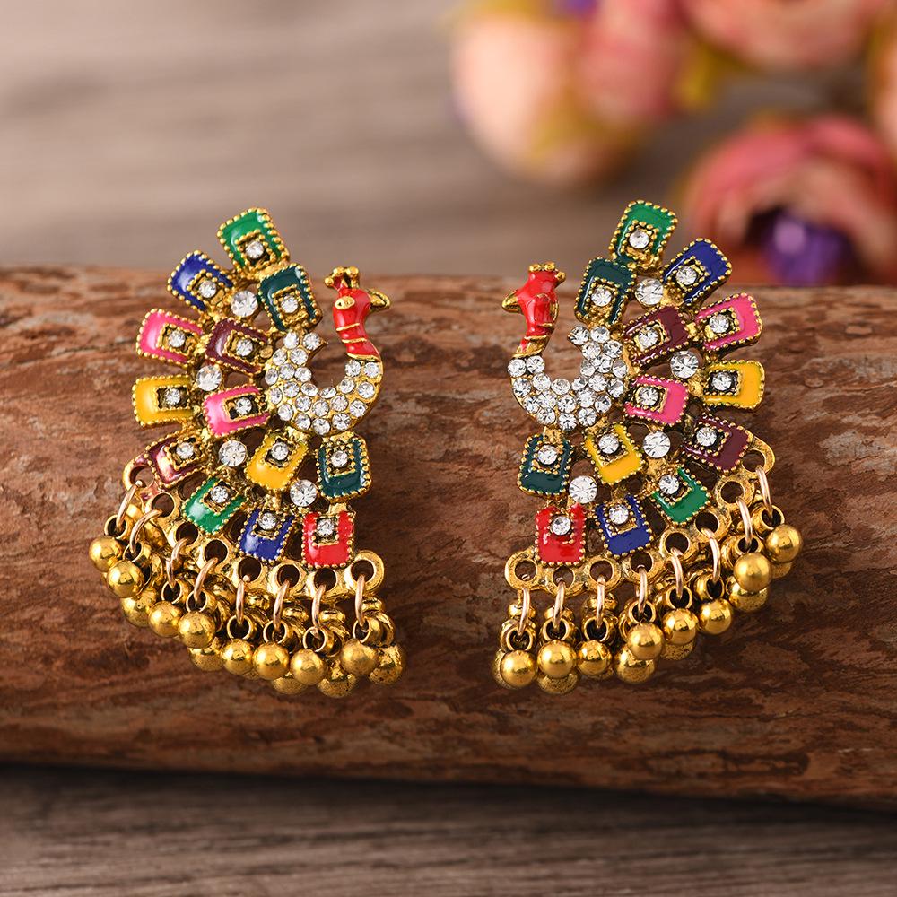 French Retro Bohemian Peacock Rhinestone Earrings