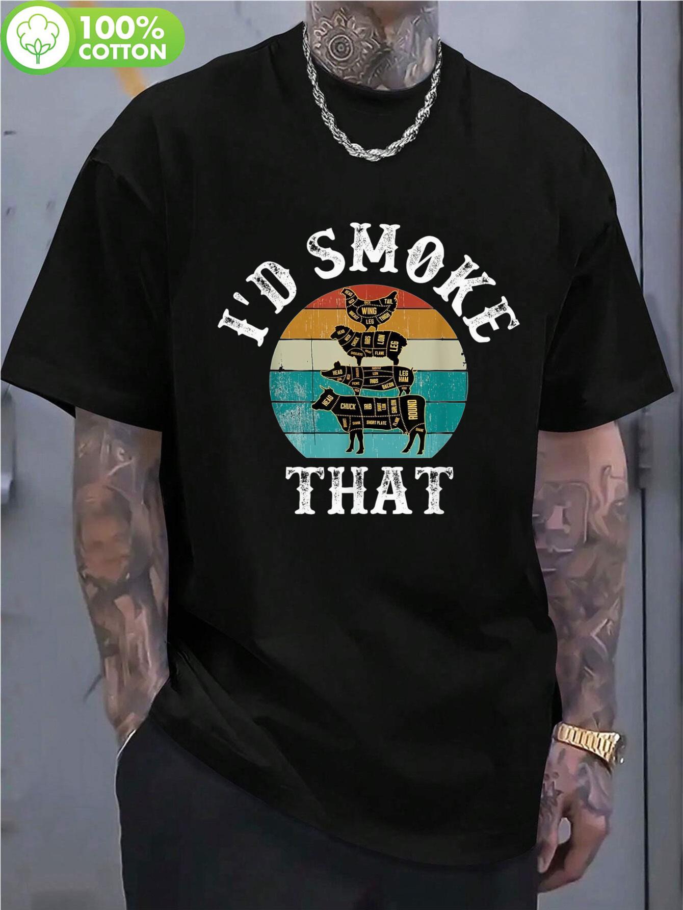 

Adventure Casual Cotton T-shirt - I d Smoke That Graphic Print with Retro Animal Silhouettes & Sunset Stripes XXXXL