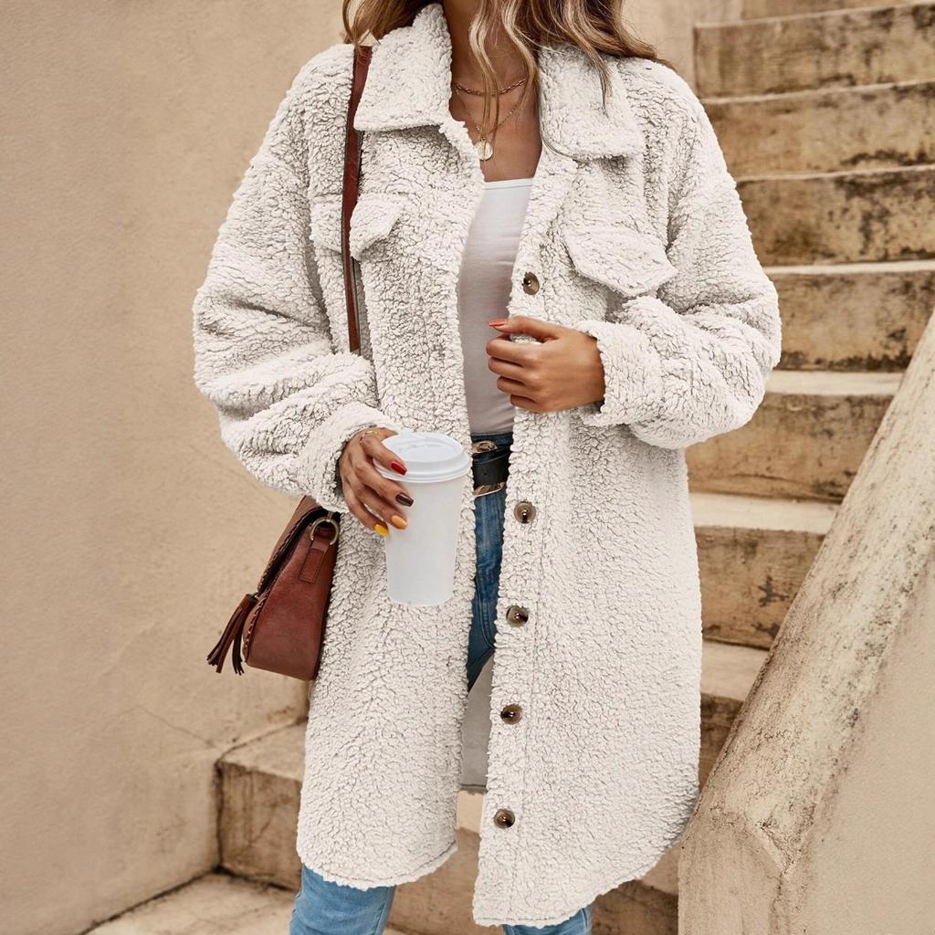 Women's Winter Long Loose Plush Coat, Turn-down Collar Buttoned Open Front Oversized Warm Overcoat for Women, European & American Style
