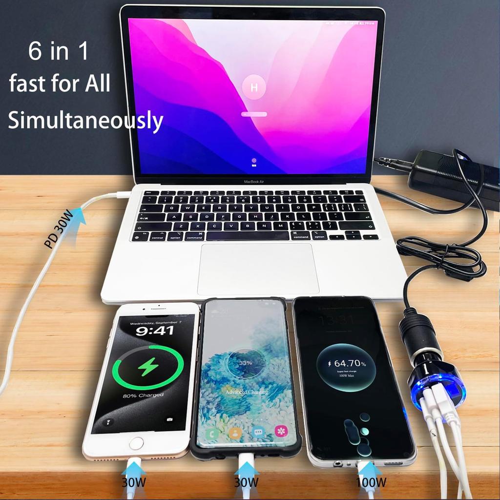 UYUXIO 6 in 1 Multi Port USB C Car Charger Full PD 30W with Voltage Display Super Fast Charge Adapter for iPhone MacBook Samsung