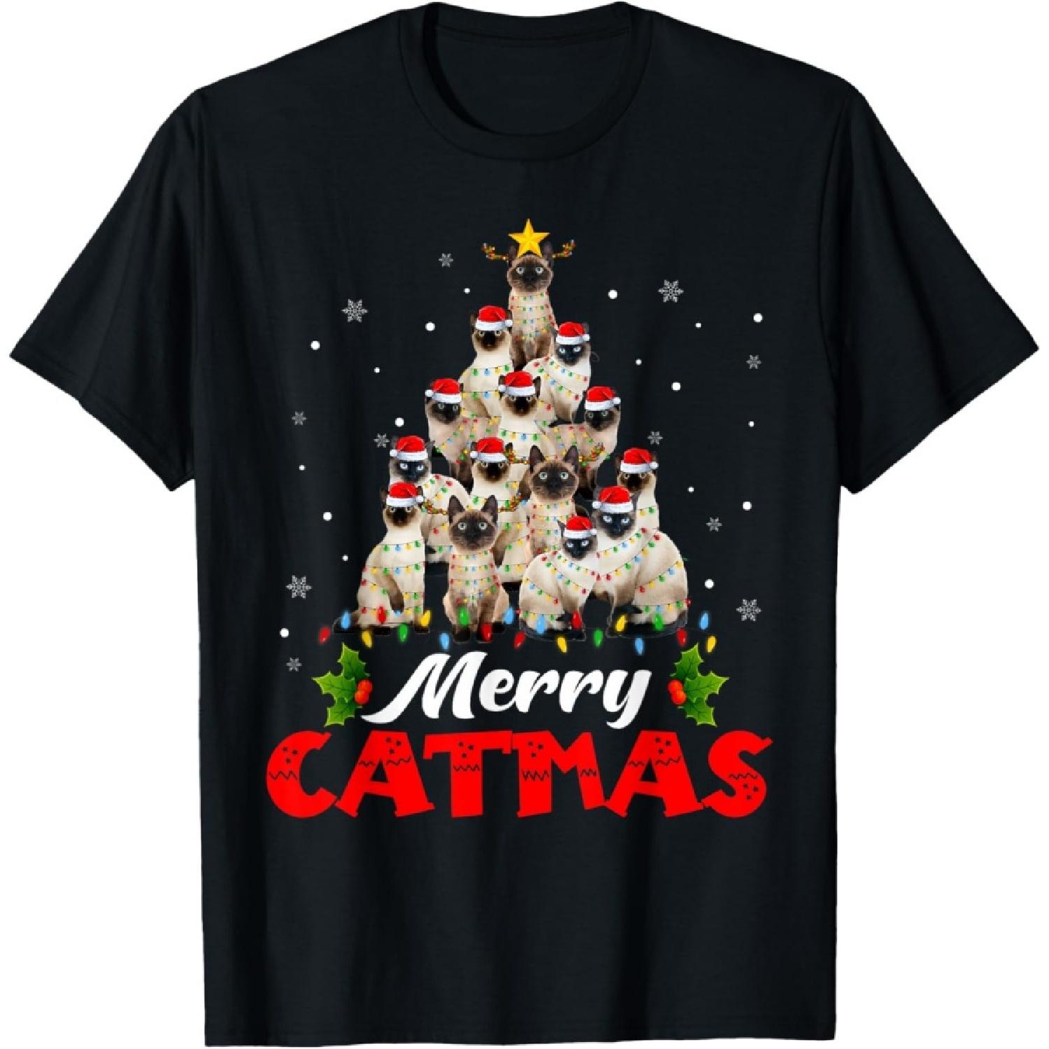 Merry Catmas Santa Siamese Cat Christmas Tree Decorations T-Shirt for Men Women Kids S