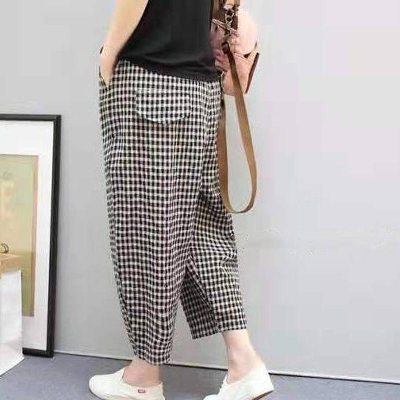 Summer Literary Vintage Plaid Printing Harem Pants Women Elastic Waist Loose Casual All-match Pocket Trousers
