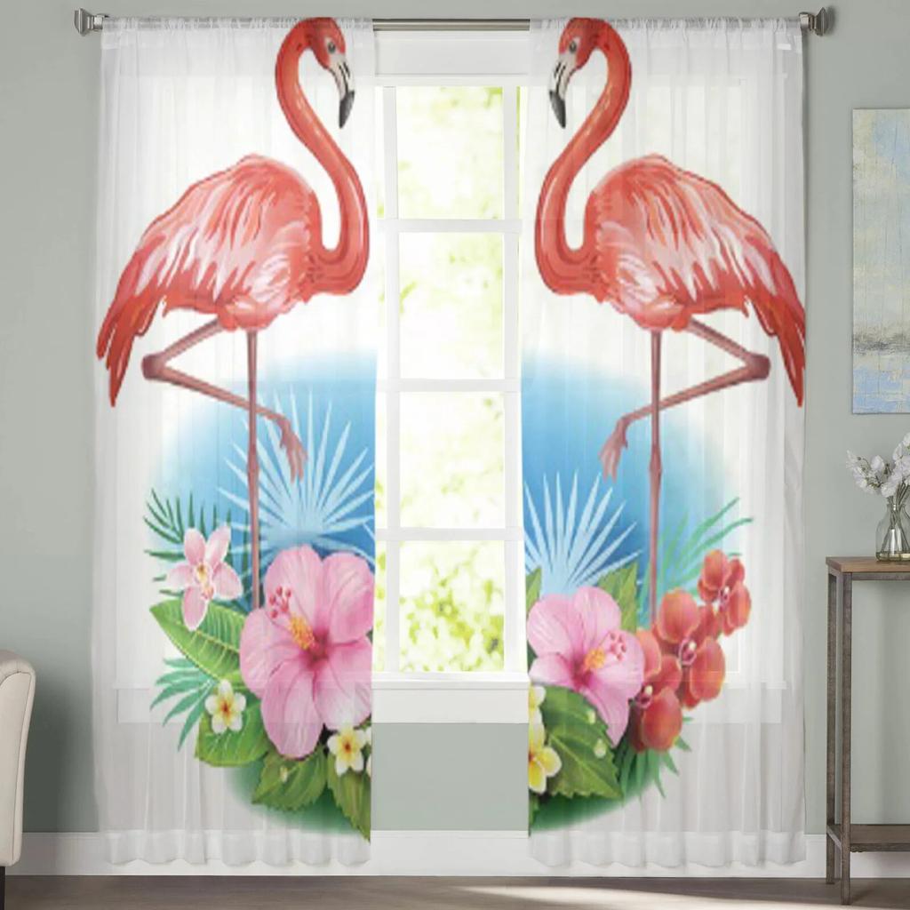 Tropical Flowers And Flamingo Tulle Curtain For Living Room Sheer Valance Curtain For Kitchen Bedroom Window Drapes