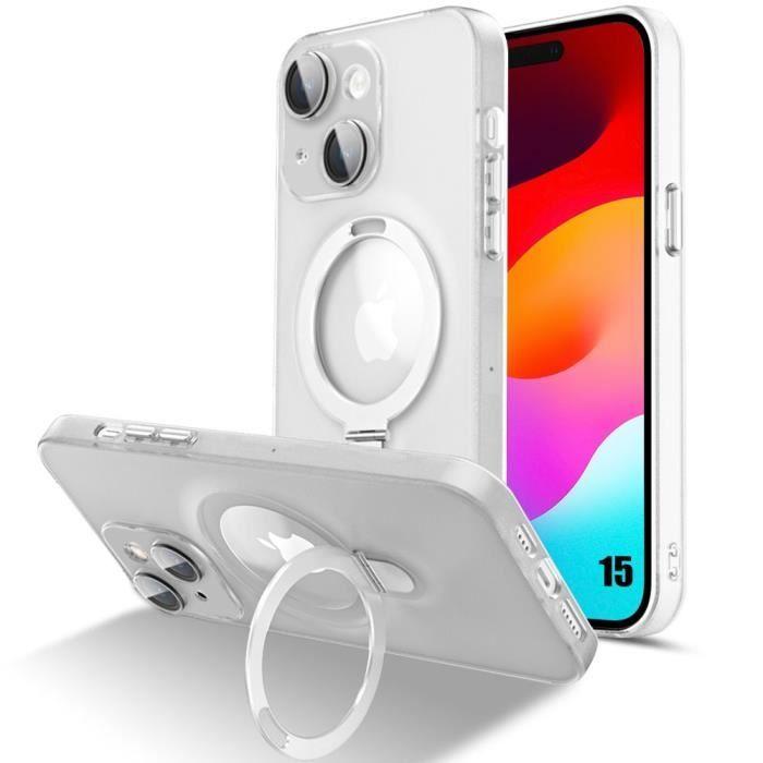 Coque pour iphone 15 protection translucide antichoc avec support magnétique rotatif et protection caméra