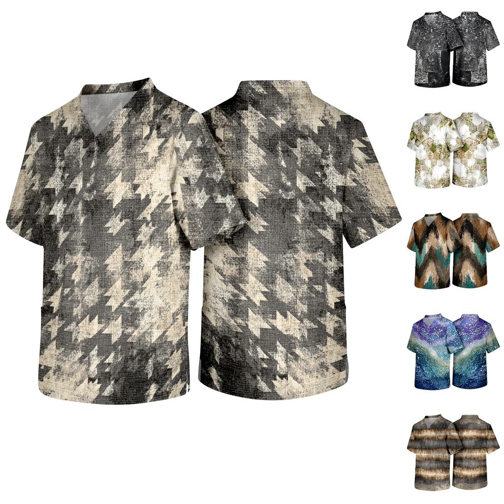 Men Short Sleeve V Neck Printed Chest Pocket Scrub Top with Relaxed Fit and Durable Fabric for Daily Wear