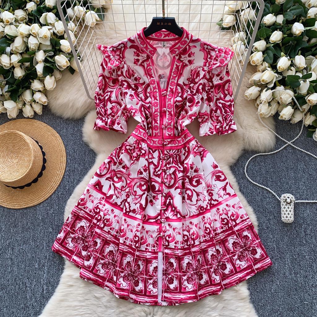 Summer Women Elegant Flare Sleeve Designer Print Runway Dresses V-neck Single Breasted Mini Short Party Dress