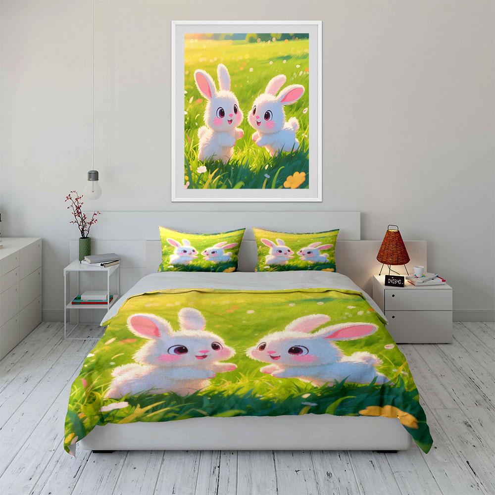Cute Rabbit Trio Decoration Set Soft Comfortable Duvet Cover Bedding Set Included 1*Duvet Cover & 2*Pillowcases, Gift