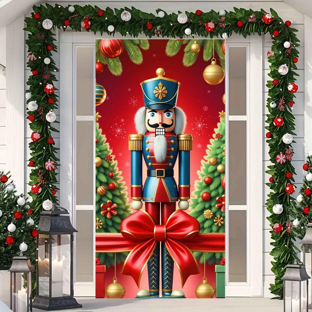 Christmas Nutcracker Door Cover Door Gingerbread Banner Xmas Outdoor Decoration for Front Door Porch Christmas Party Supplies