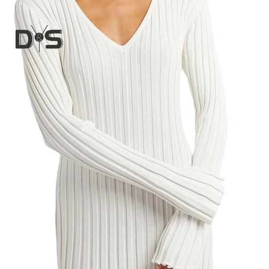 Fall Winter Women Dress V Neck Threa Loose Long Sleeves Solid Color Knitted Slim Waist Maxi Dress Stretchy Casual Dating Commuting Dress