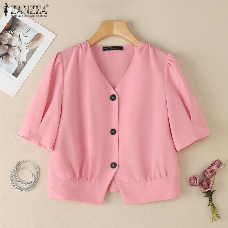 ZANZEA Women Casual V-Neck Solid Color Summer Short Sleeve Blouse