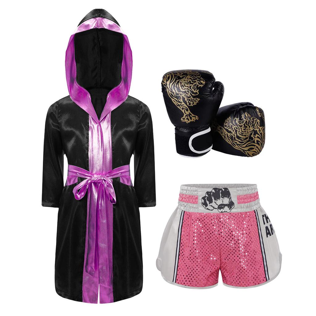 Boys Girls Halloween Carnival Theme Party Boxer Cosplay Costume Boxing Robe Long Sleeve Satin Hooded Cloak with Belt Shorts
