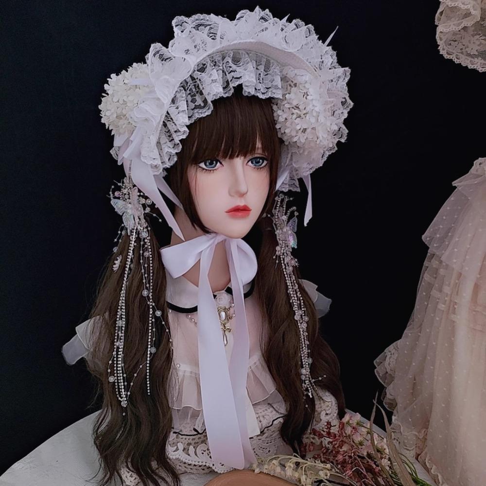 Handmade Vintage Victorian Gothic Tea Party Lace Straw Hat Lolita Girls Flowers Bonnet with Ruffles Halloween Black Headdress