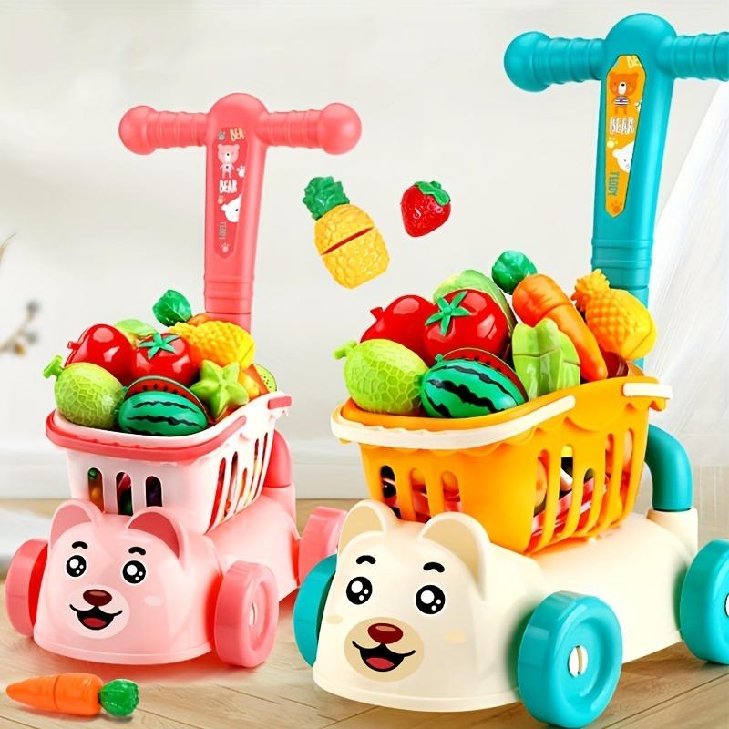 Kids Shopping Cart Trolley Play Set with Food Fruit Vegetables Accessories Play House Educational Toy Simulation Gifts for Girls