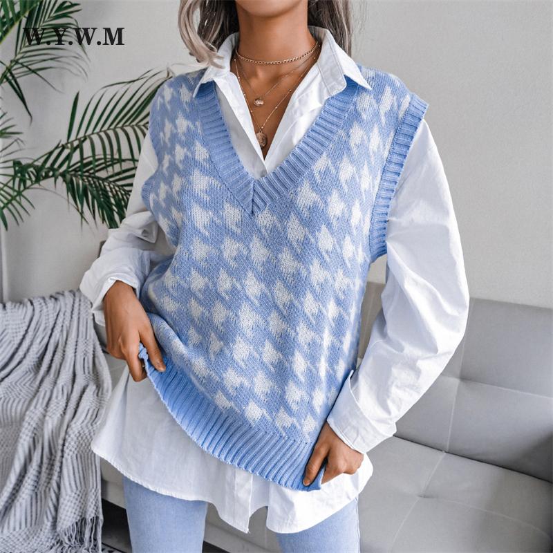 

WYWM модный клетчатый свитер, женский осенний свободный вязаный жилет с v-образным вырезом, женский простой мягкий универсальный базовый трикотаж