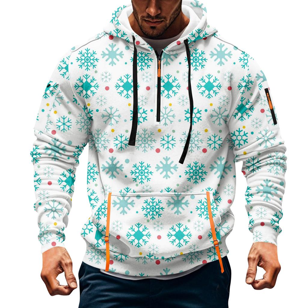 Men's Christmas Print Hooded Half-Zip Casual Sports Sweatshirt