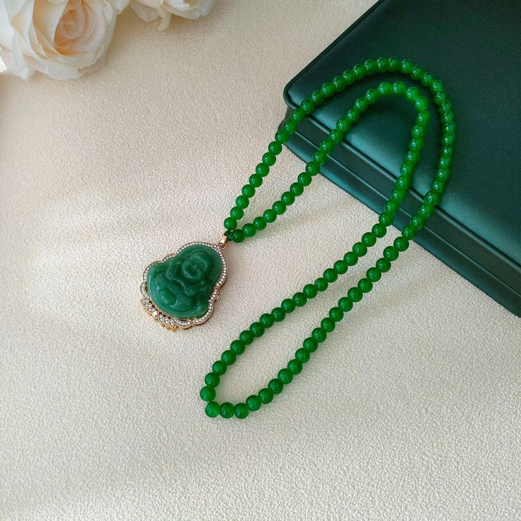 Retro Green Beaded Long Necklace: High-End Chinese Style Fall/Winter Sweater Chain