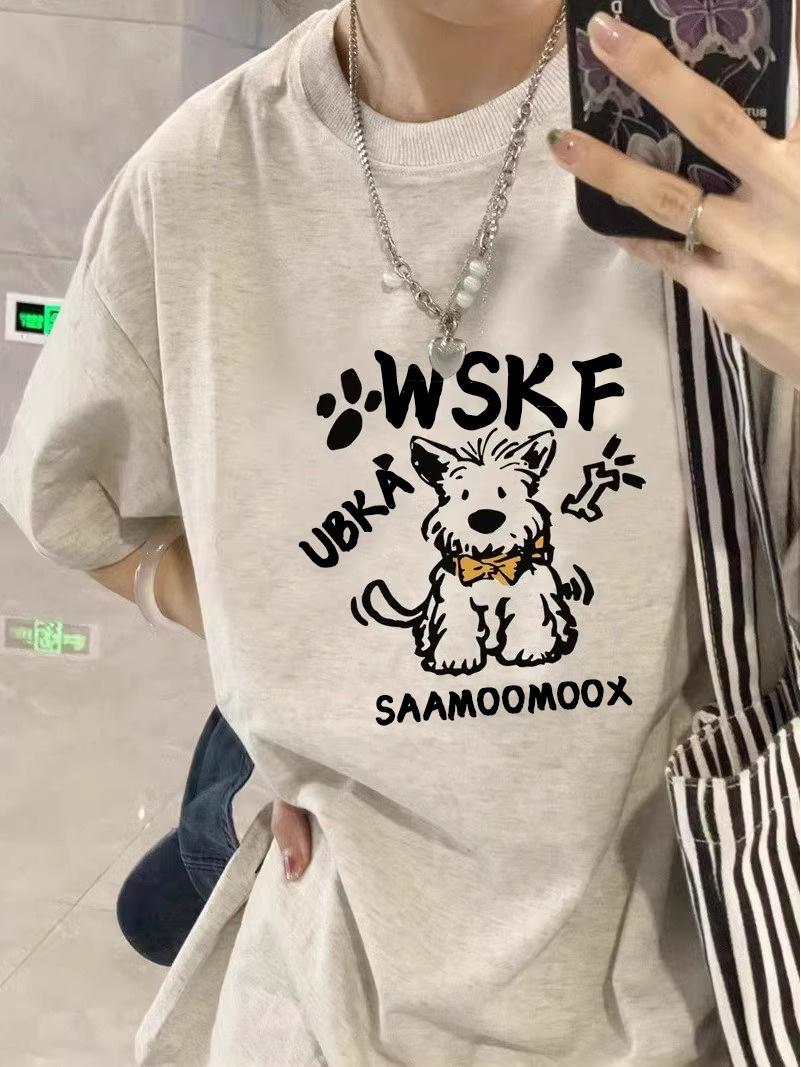 

Женская футболка из плотного хлопка с ретро-принтом щенка, Коллекция Лето 2025, Свободный крой, Короткий рукав. 3XL серый/белый