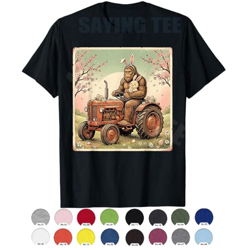

2026Easter Bigfoot Bunny Tractor Funny SpringSasquatch FarmerT-ShirtY2k Cute AestheticGraphic Saying Tee Easter Novelty Gift Top 2XL