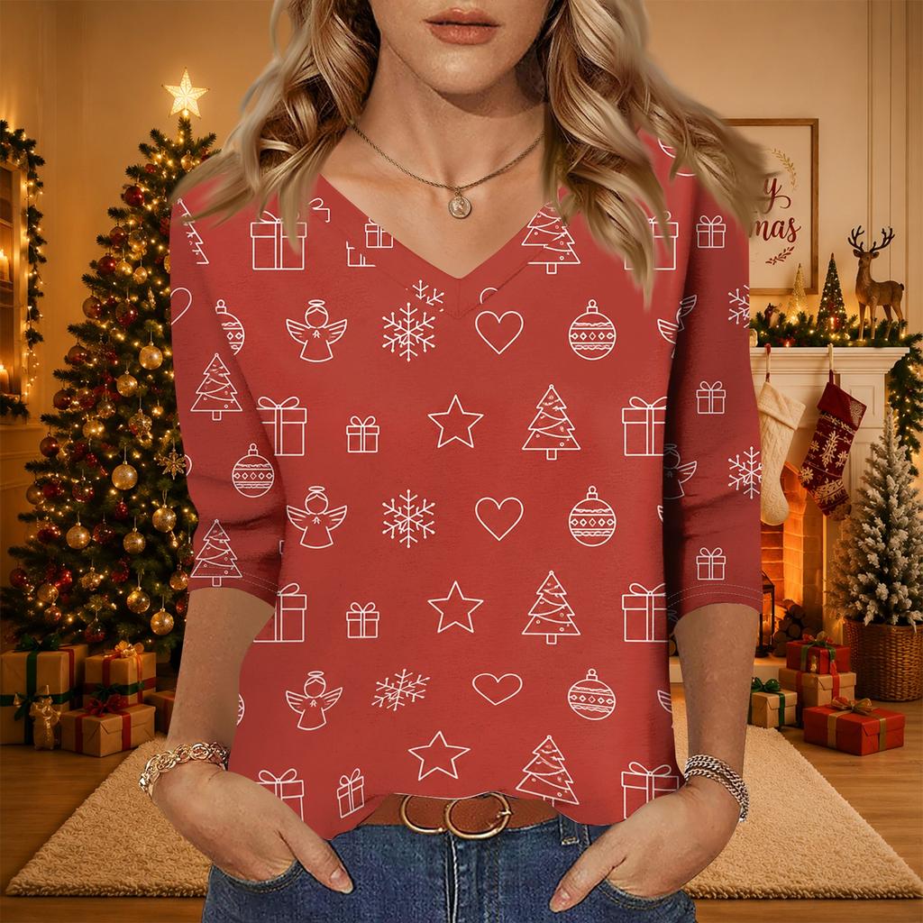 Women's Casual V-Neck Christmas Print Tunic -Quarter Sleeve Holiday Blouse