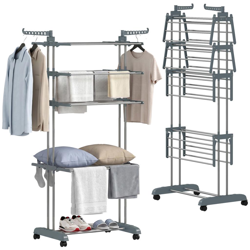 Foldable 4-Tier Clothes Drying Rack with Wheels, Side Wings and Steel Frame, Grey
