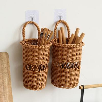 Brown Wall Mounted Storage Basket Hand-weave Multi-porpose Tableware Organizier Bucket Easy Clean with Handle Hanging Basket