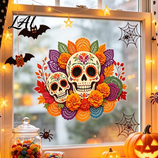 Halloween Party Decor Day of The Dead Window Static Sticker Flower Skull Decorative PVC Waterproof Vinyl Graphics Decals Glass Clings for