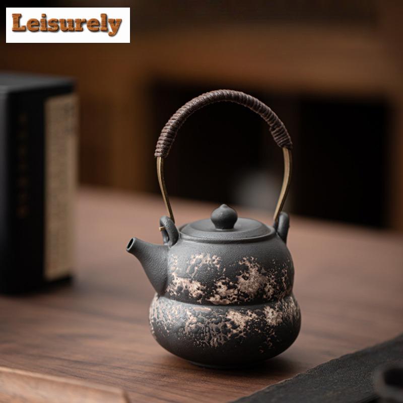 230ML Retro Black Pottery Gourd Lifting Handle Teapot Elegant Tea Infuser Pot Tea Maker Kettle with Filter Drinkware Ornaments
