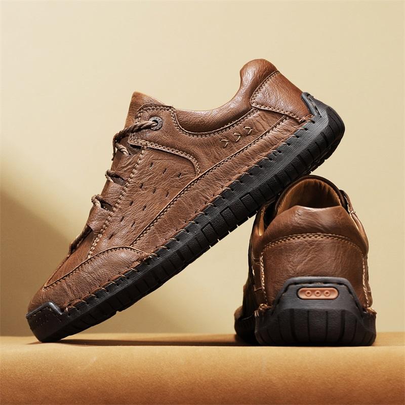 Fashion Hot Sale Mens Casual Leather Shoes Soft Sole Lace-up Sneakers Lightweight Male Loafers Shoes Handmade Outdoor Walking Footwear