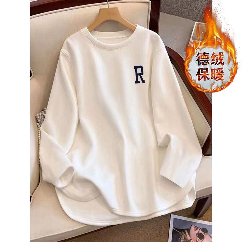 2025 New Thickened Brushed T-shirt Women's Autumn and Winter Loose Mid-length Long-sleeved Tops Bottoming Shirts